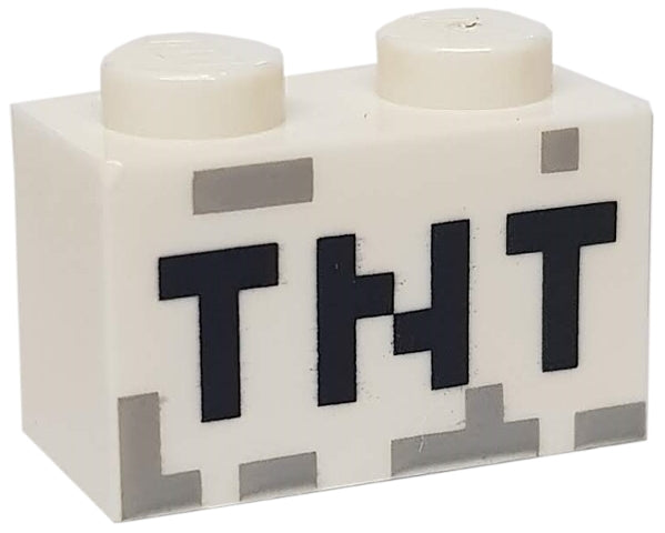 A white LEGO 1x2 brick with a black pixelated 'TNT' pattern and grey pixel details, resembling a Minecraft TNT block.