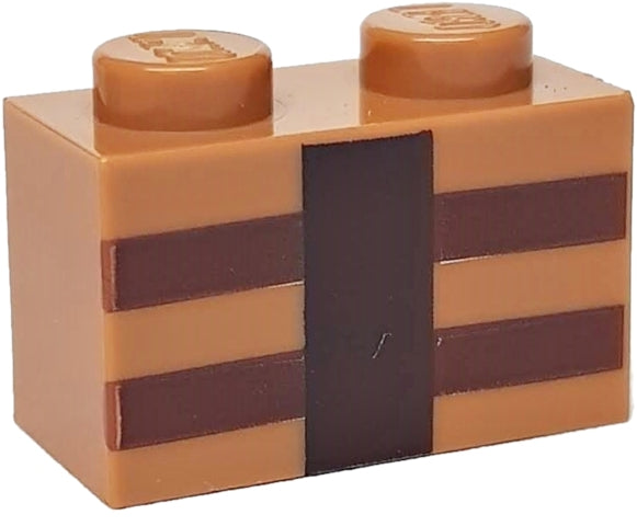 LEGO 1x2 brick (3004pb123) with reddish brown and dark brown Minecraft crafting table lines pattern.