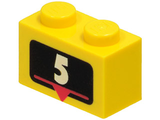 Yellow LEGO 1x2 brick with white number 5 and red triangle marker on a black background pattern.