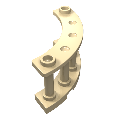 Tan LEGO 30056 quarter round fence with three vertical columns and studs, angled view.