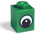 Green LEGO 1x1 brick with a black and white eye with pupil pattern on one side, viewed from a slight angle.