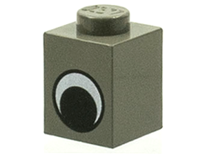 LEGO 3005pe1 Brick 1 x 1 in dark grey with a black and white eye without pupil pattern.