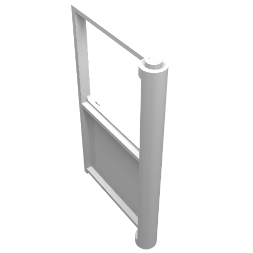 White LEGO Door 1 x 6 x 8 Left with an open top frame and a solid lower panel, featuring a cylindrical hinge.