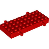 A red LEGO modified brick, 4x10 studs, with 4 Technic pins extending from its sides, shown at an angle on a white background.