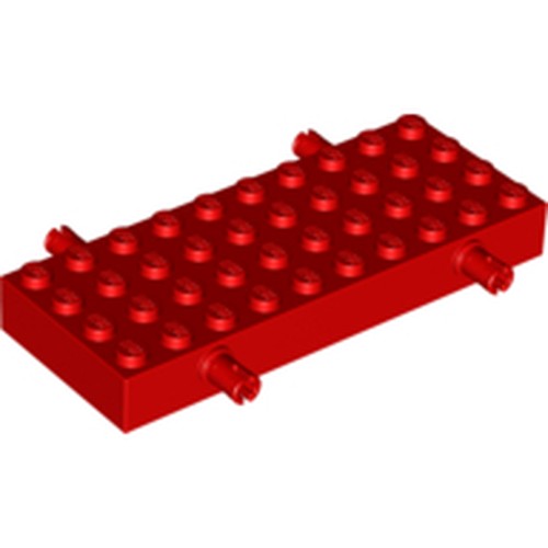 A red LEGO modified brick, 4x10 studs, with 4 Technic pins extending from its sides, shown at an angle on a white background.
