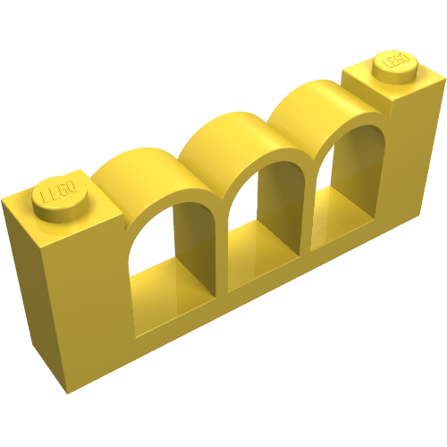 A yellow LEGO Fence 1 x 6 x 2 brick, featuring two studs on top (one at each end) and three arched openings in the middle.