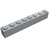 LEGO 3008 light gray 1x8 brick with eight studs on top on a white background.