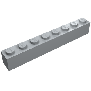 LEGO 3008 light gray 1x8 brick with eight studs on top on a white background.