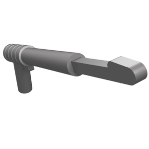 Grey LEGO Minifigure Weapon Spear Gun (30088) with a threaded end, rounded trigger, and a thin, hooked spear base.
