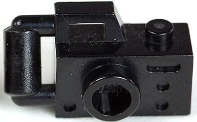Black LEGO minifigure camera with compact bar handle, viewfinder, and lens opening showing LEGO logo.