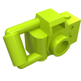 Lime green LEGO minifigure handheld camera with an extended bar handle, against a white background.