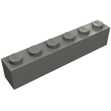 Dark grey LEGO 1x6 brick, part 3009. Angled view on a white background, showing six studs with the LEGO logo.