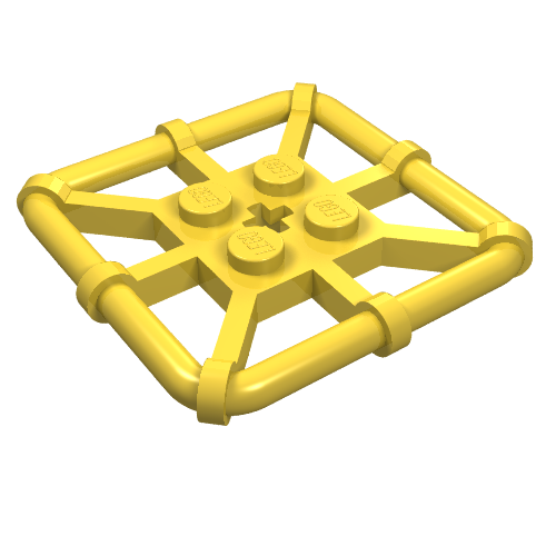 Yellow LEGO 30094 Plate, Modified 2 x 2 with Bar Frame Square, featuring four studs and a central cross axle hole.