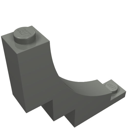 A dark grey LEGO 30099 Arch 1 x 5 x 4 Inverted brick, showing studs on both ends, viewed from an angle.