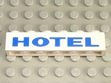 White LEGO 1x6 brick with blue 'HOTEL' thick pattern, resting on a grey LEGO baseplate.