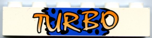 LEGO brick 1x6 with yellow and orange gradient 'TURBO' text on a blue background with black spots pattern.