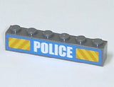 LEGO 1x6 dark gray brick with white 'POLICE' text and yellow diagonal stripes on blue pattern.