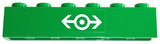 Green LEGO 1x6 brick with a white train logo sticker, depicting a central circle with left and right arrows.