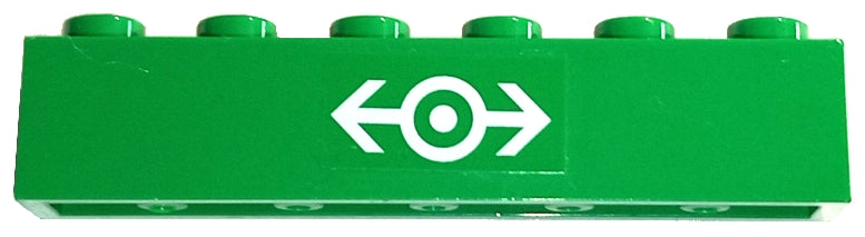 Green LEGO 1x6 brick with a white train logo sticker, depicting a central circle with left and right arrows.