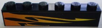 Black LEGO 1x6 brick with an orange and yellow flame pattern printed on its left side.