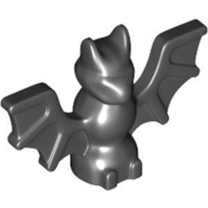 Dark gray LEGO bat figure with sculpted head, body, and outstretched wings, depicted against a white background.