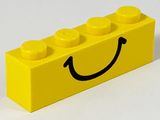 A bright yellow LEGO 1x4 brick with four studs on top and a black smiley face pattern printed on its side.