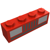 Red LEGO brick 1x4 with dark gray grille lines and light gray car headlights pattern on the side