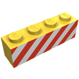Yellow LEGO 1x4 brick with red and white diagonal stripes pattern, part 3010p15.
