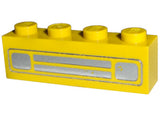 Yellow LEGO 1x4 brick with a chrome car grille pattern printed on the side, showing two rectangular lights and two horizontal bars.