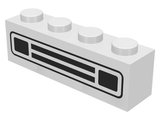 White LEGO 1x4 brick with black car grille pattern, featuring two end squares and two central horizontal stripes.