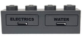 Dark grey LEGO 1x4 brick with 'ELECTRICS' and 'WATER' black text and symbols on separate panels.