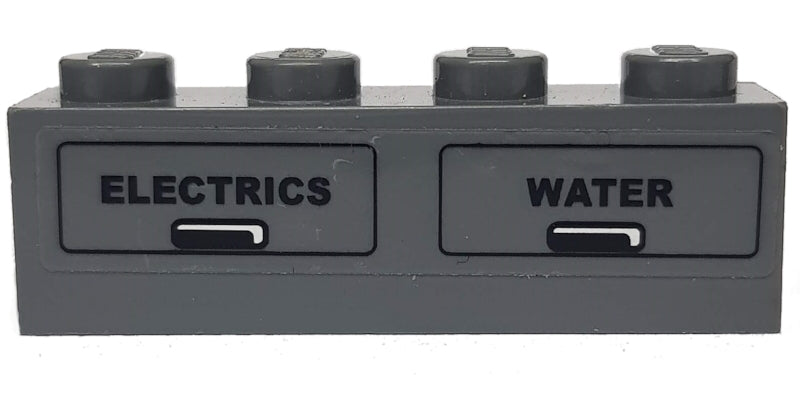 Dark grey LEGO 1x4 brick with 'ELECTRICS' and 'WATER' black text and symbols on separate panels.