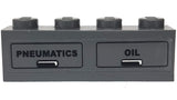 Dark gray LEGO 1x4 brick with 'PNEUMATICS' and 'OIL' printed labels and small black and white icons.