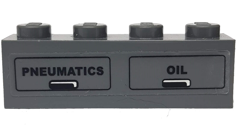 Dark gray LEGO 1x4 brick with 'PNEUMATICS' and 'OIL' printed labels and small black and white icons.