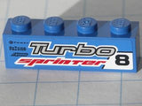 Blue LEGO 1x4 brick with 'Turbo sprinter 8' pattern in gray, red, and black, plus small 'Power Fuzone Exxoro' logos.
