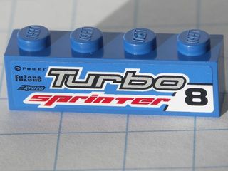 Blue LEGO 1x4 brick with 'Turbo sprinter 8' pattern in gray, red, and black, plus small 'Power Fuzone Exxoro' logos.