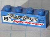 Blue LEGO 1x4 brick, model 3010pb114R, with black '8', gray 'Turbo', and red 'sprinter' pattern sticker on the right side.