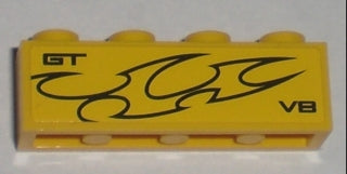 Yellow LEGO 1x4 brick with black GT, flames, and V8 pattern.