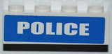 LEGO 3010pb152 white 1x4 brick with 'POLICE' in white short font on a blue sticker, from sets 7285/7288.