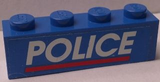 Blue LEGO 1x4 brick with white 'POLICE' text and a red line pattern on the side.