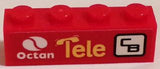 Red LEGO 1x4 brick with white Octan logo, yellow 'Tele' text, and a white and black 'CB' logo pattern.