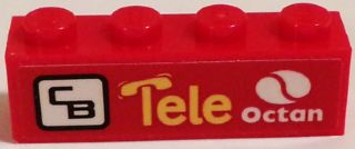 Red LEGO 1x4 brick with 'CB' in a white square, yellow 'Tele' text, and white Octan logo and text print.
