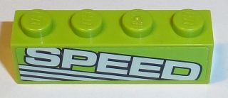 Lime green LEGO 1x4 brick featuring a light green label with white 'SPEED' text and three dark lines, angled, on its side.