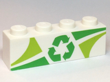 White LEGO 1x4 brick with lime and green triangles and a green recycling arrows pattern.
