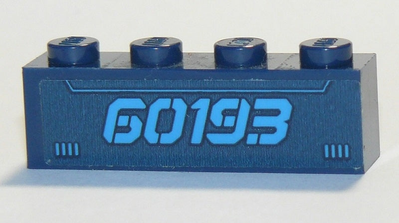 Dark blue LEGO 1x4 brick with four studs, featuring a light blue '60193' graphic pattern and small vertical lines on its side.