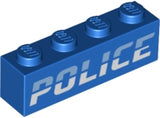 Blue LEGO 1x4 brick with four studs, featuring a white 'POLICE' print on its side.