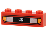 Red LEGO 1x4 brick with car front print: silver headlights, orange signal lights, black grille with white triangle in oval logo.