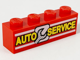 Red LEGO 1x4 brick with yellow 'AUTO SERVICE' text, white lines, and a stylized wrench pattern.
