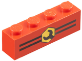 Red LEGO 1x4 brick with a yellow hexagon wrench logo and black stripes pattern on the side