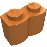 An orange LEGO brick, modified 1x2 with log profile, showing two studs with 'LEGO' branding.